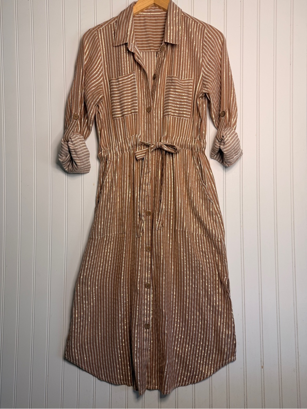 Metallic Gold Striped Button Front Shirtdress Sz M Tie Waist Roll-Tab Sleeve